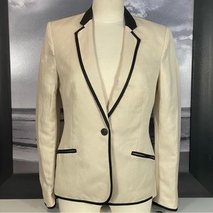 EUC Mango MNG Tan W/ Black Trim Linen Blend One Button Blazer Jacket Sz 6